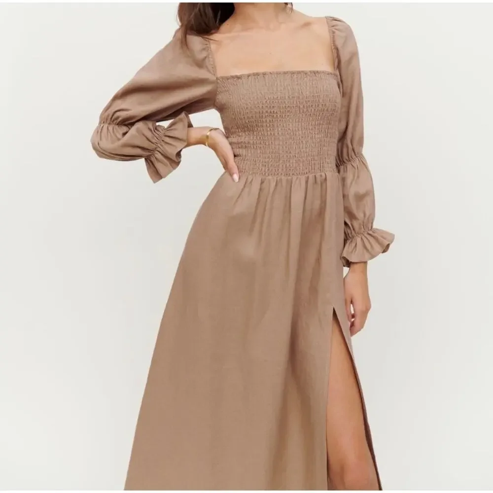 Reformation Hyland Linen Dress in Khaki Size XL - Picture 3 of 13